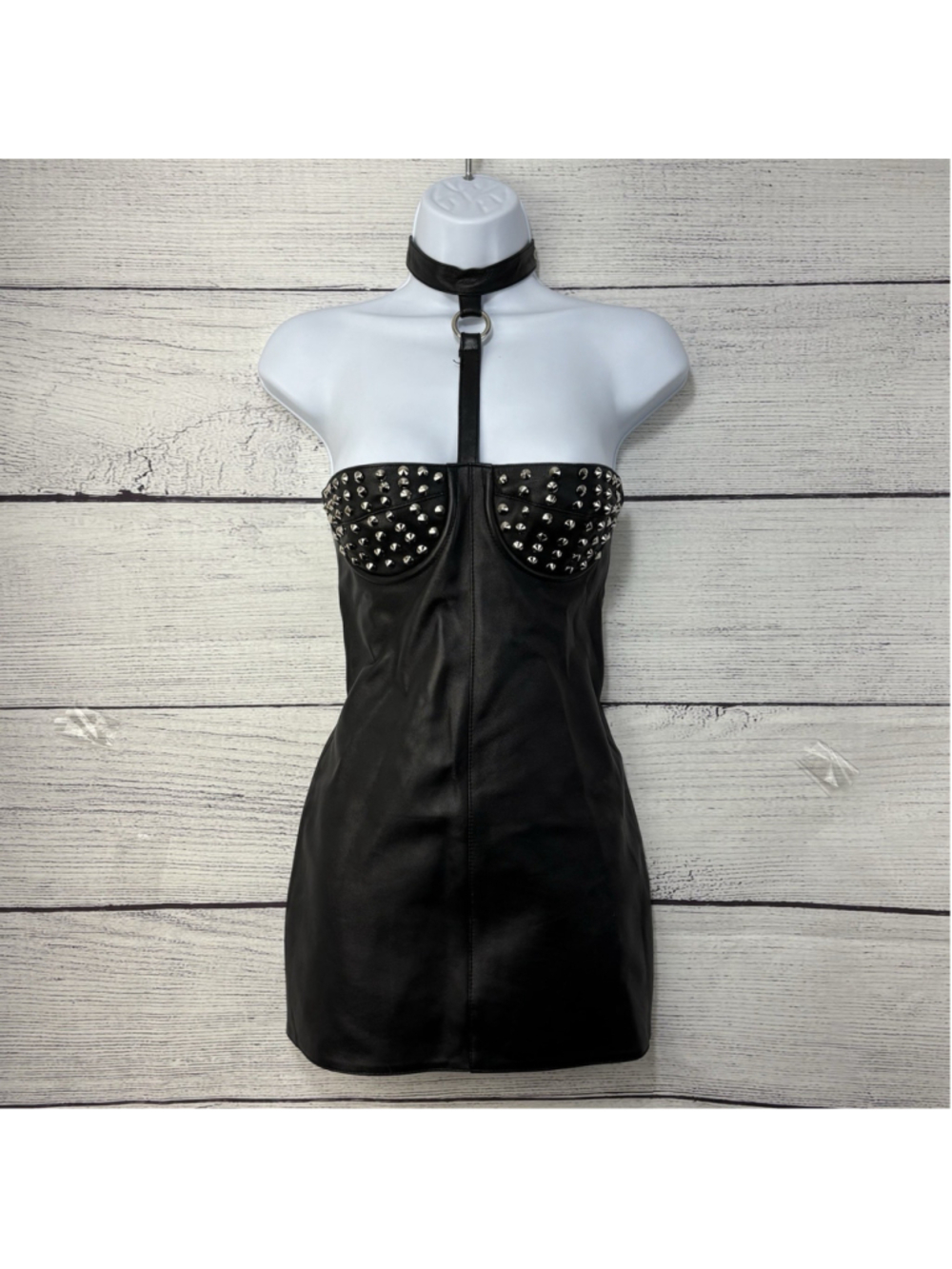 Elegant Moments 100% Genuine Leather Studded Mini Dress Lingerie Choker Neck S - Picture 3 of 10